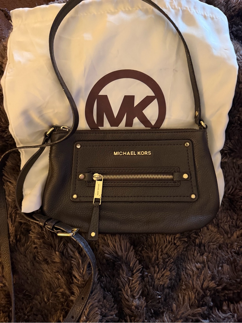 Michael Kors Black Pebbled Leather Crossbody with Gold Hardware Accents